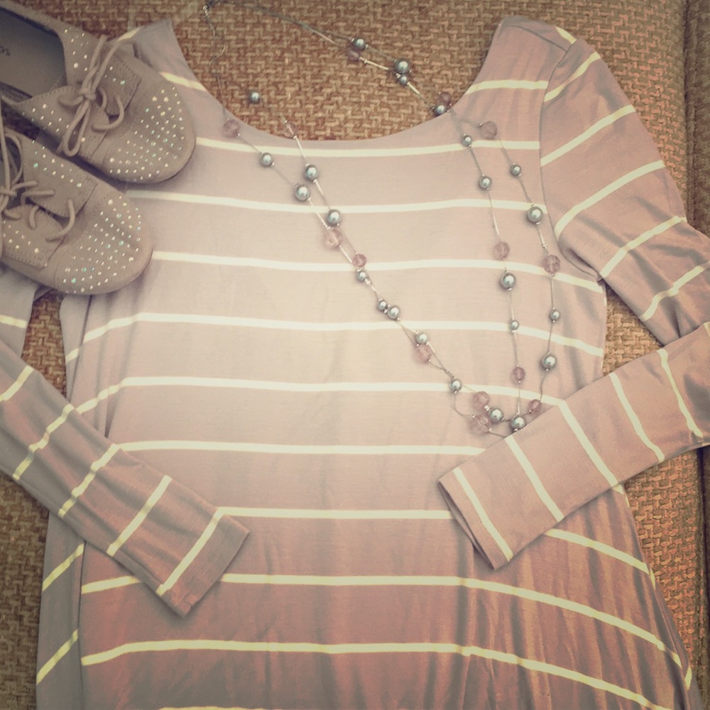 Natural Beige Dress with White Stripes